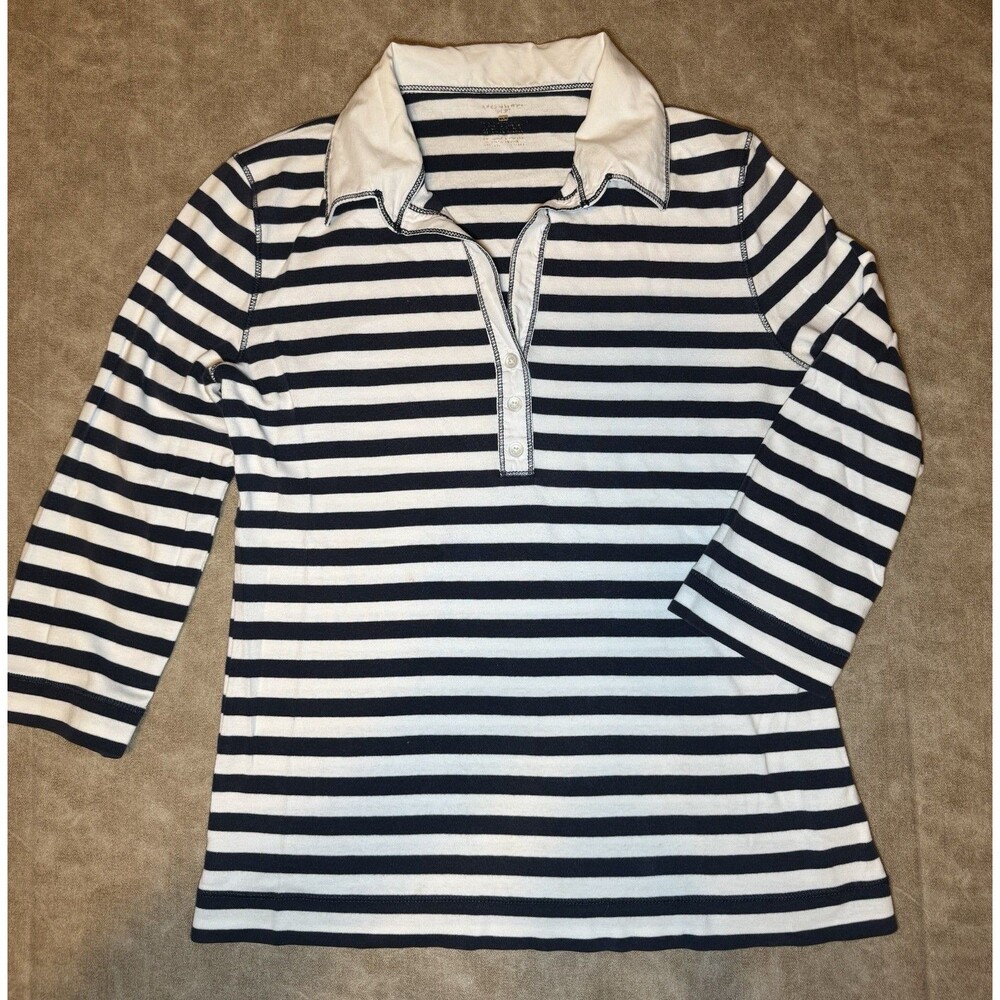 Stripped Knit Long Sleeve Shirt With Collar Size SMALL white And Navy